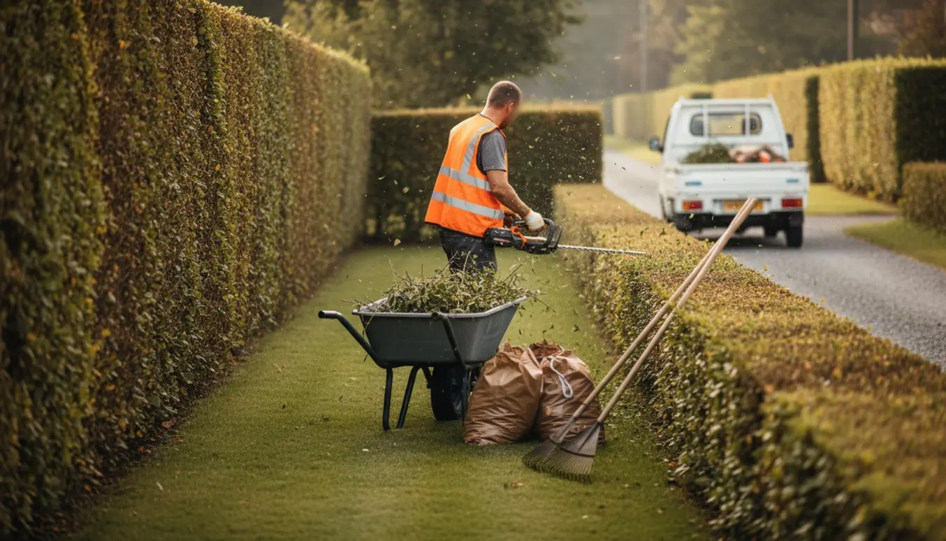 Gartner klipper hæk ved en grusvej, med afklip i en trillebør og sække klar til bortskaffelse.