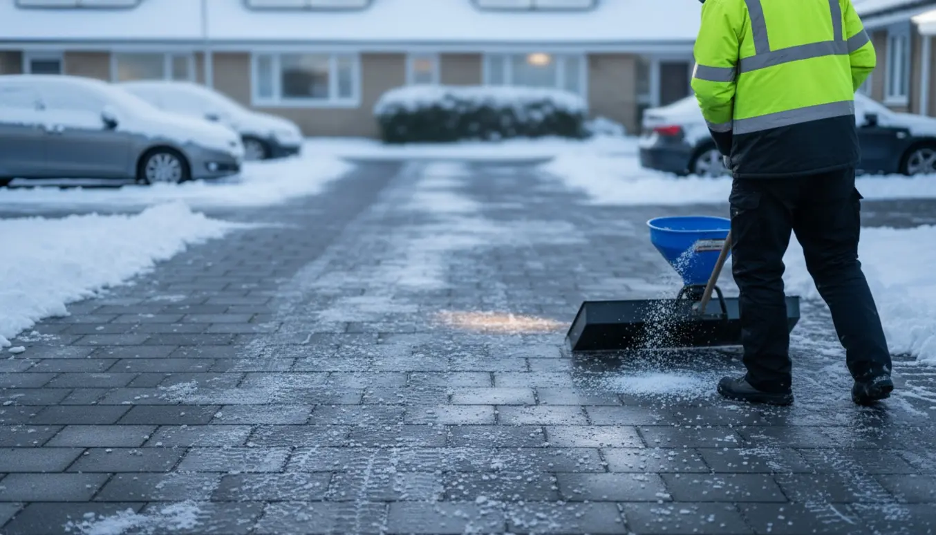 Snerydning og saltning af en flisebelagt parkeringsplads og indkørsel med skovl og spredemaskine, biler i båsene.