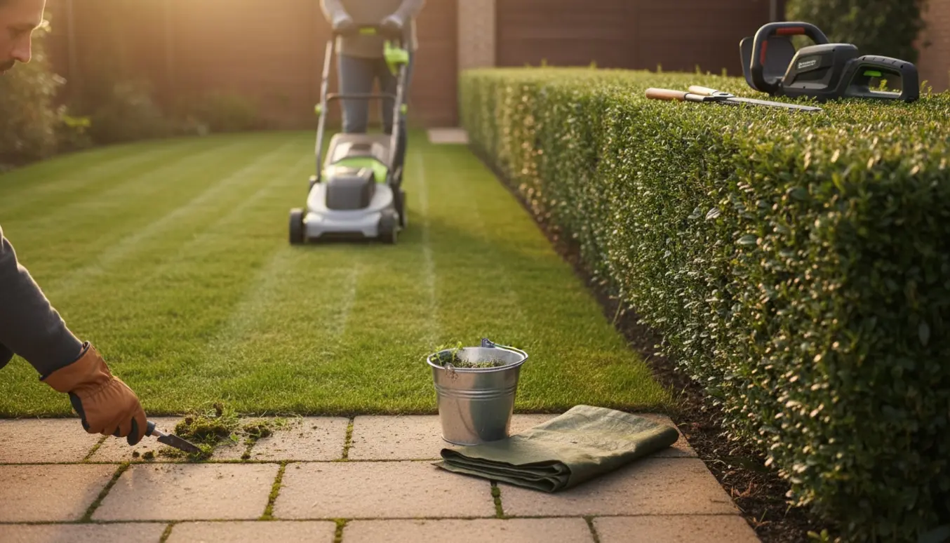 Lille have med nyslået græs, nyklippet ligusterhæk og en person, der fjerner ukrudt mellem fliser.