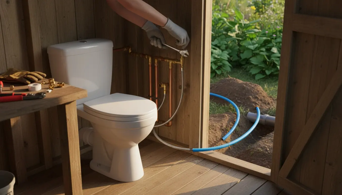 Nyligt installeret toilet i kolonihave med synlige tilslutninger og en nedgravet vandledning udenfor.