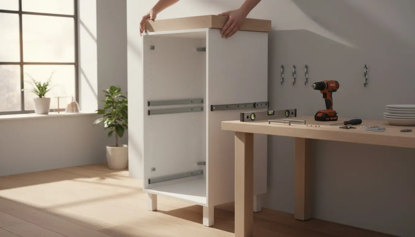 Et højt IKEA Metod køkkenskab under montering med værktøj og vægbeslag i et lyst køkken.