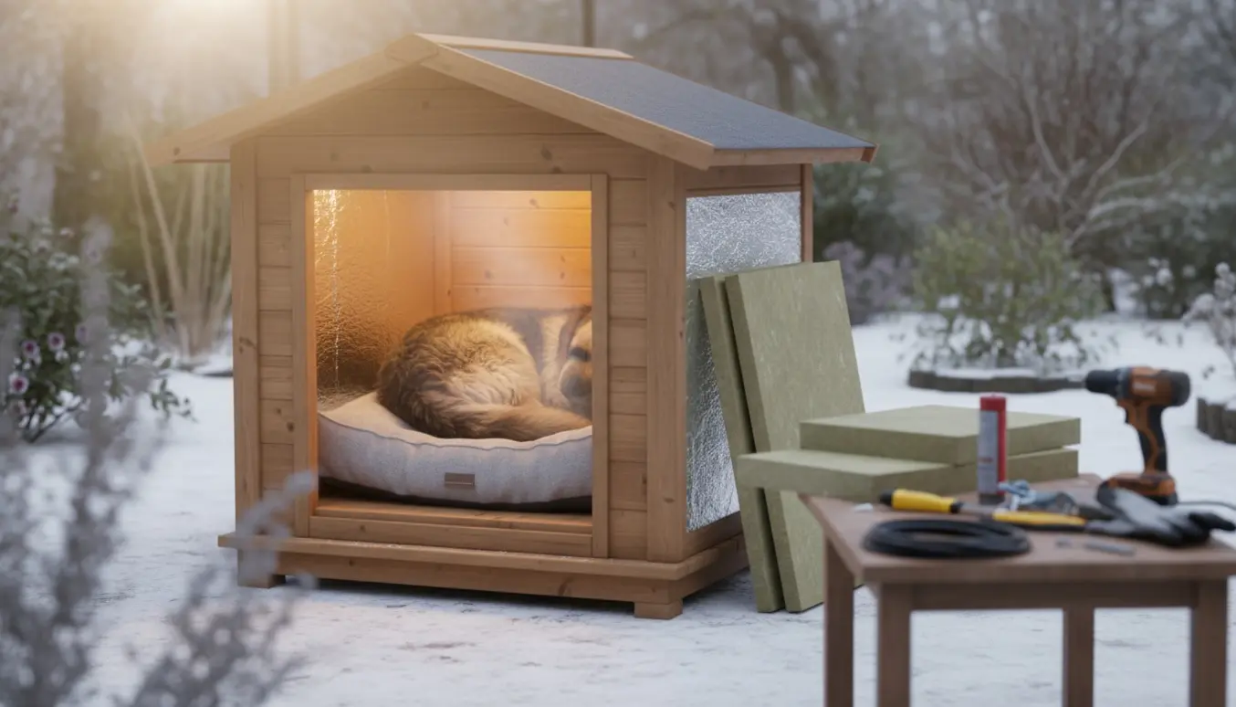 Velisoleret, opvarmet hundehus i haven med en stor hund sovende inde i det.