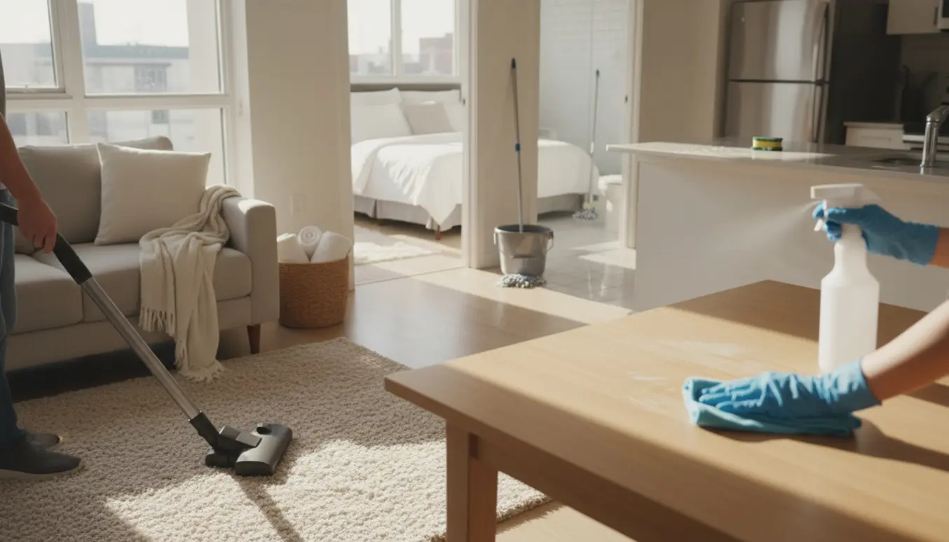 Rengøring i en åben lejlighed med støvsuger i stuen, klud på spisebordet og et nyredt soveværelse i baggrunden.