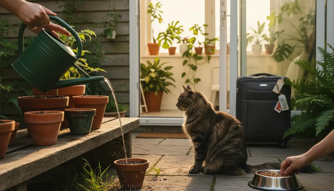 Solbeskinnet terrasse hvor hænder vander potteplanter og fylder kattefodskål, mens en kat og en pakket kuffert ses i baggrunden.
