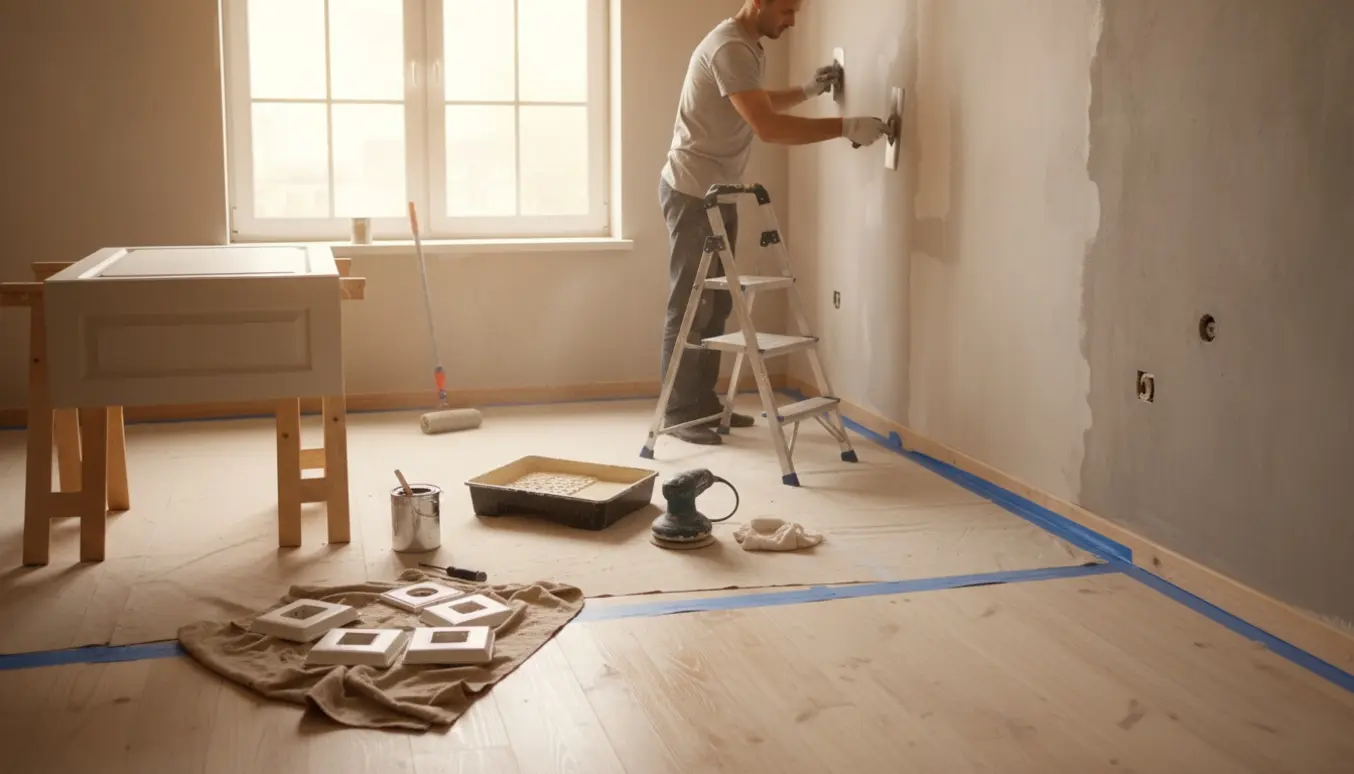 Lejlighed under renovering med spartling, maling, slibning og oliebehandling af gulv med værktøj i fokus.