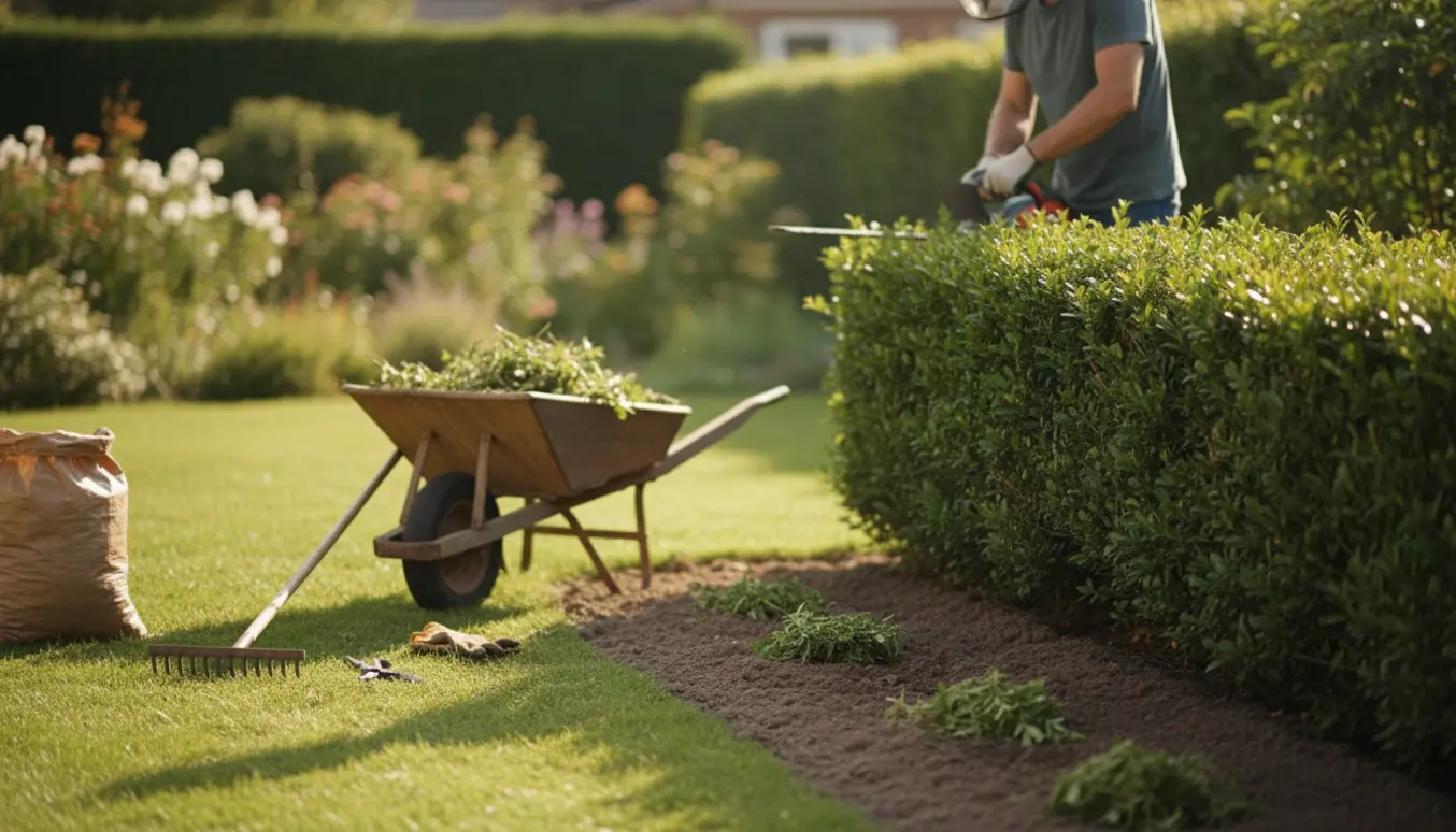 Hæk klippes og blomsterbede ryddes i en solbeskinnet baghave med haveredskaber og en trillebør.