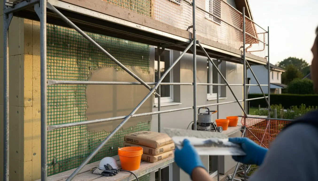 Facade under udvendig isolering og netpudsning med stillads, værktøj og materialer.