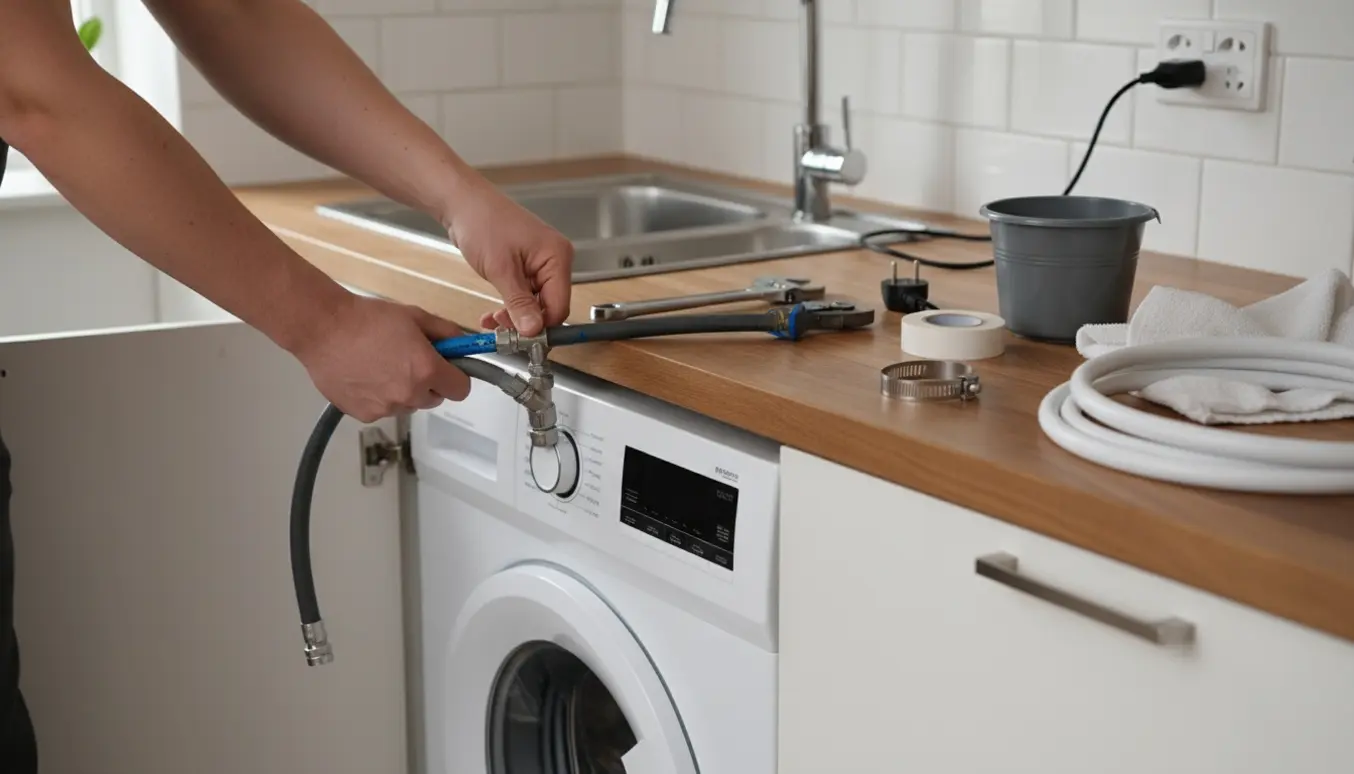 Hænder tilslutter vand- og afløbsslanger på en vaskemaskine under køkkenbordet med værktøj og en ny to meter slange klar.