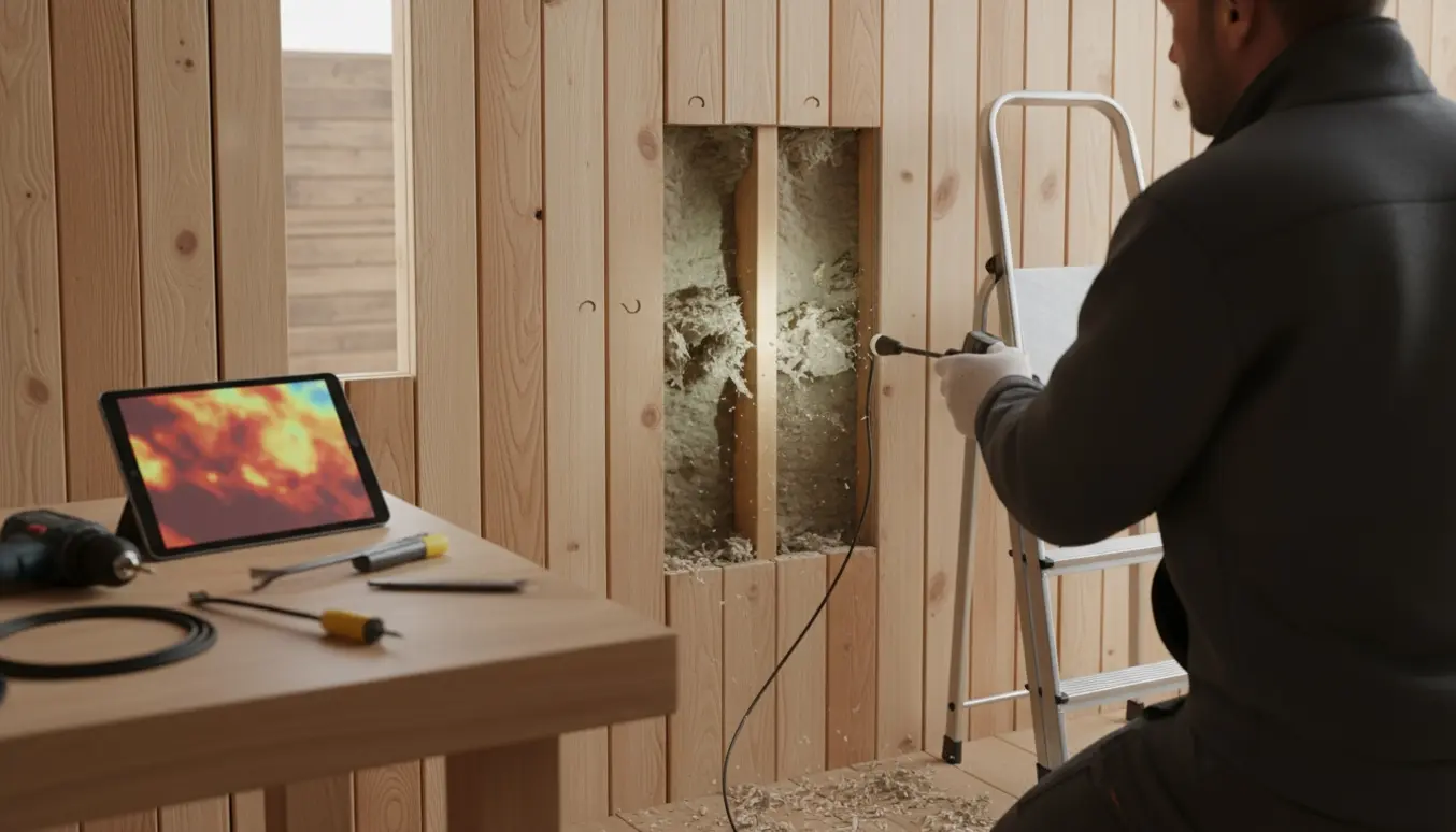 Delvist fjernet vægpanel viser Rockwool-isolering og tegn på mus under en skadedyrsinspektion.