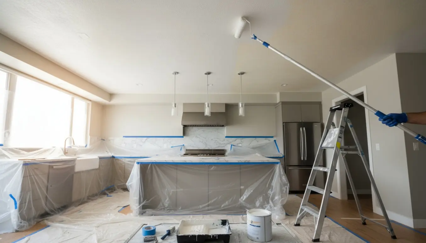 Køkkenloft males med rullestang, mens skabe og bordplader er afdækkede.