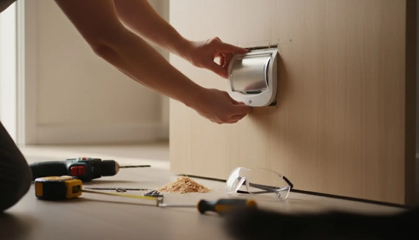 Hænder monterer en kattelem i en trædør med værktøj og savsmuld omkring.