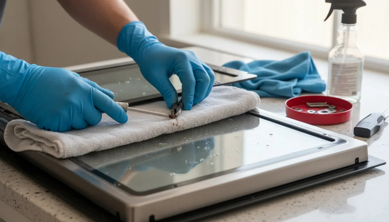 Nedtaget ovndør på køkkenbordet, mens hænder med handsker forsøger at løsne fastsiddende skruer og fjerne glasset.