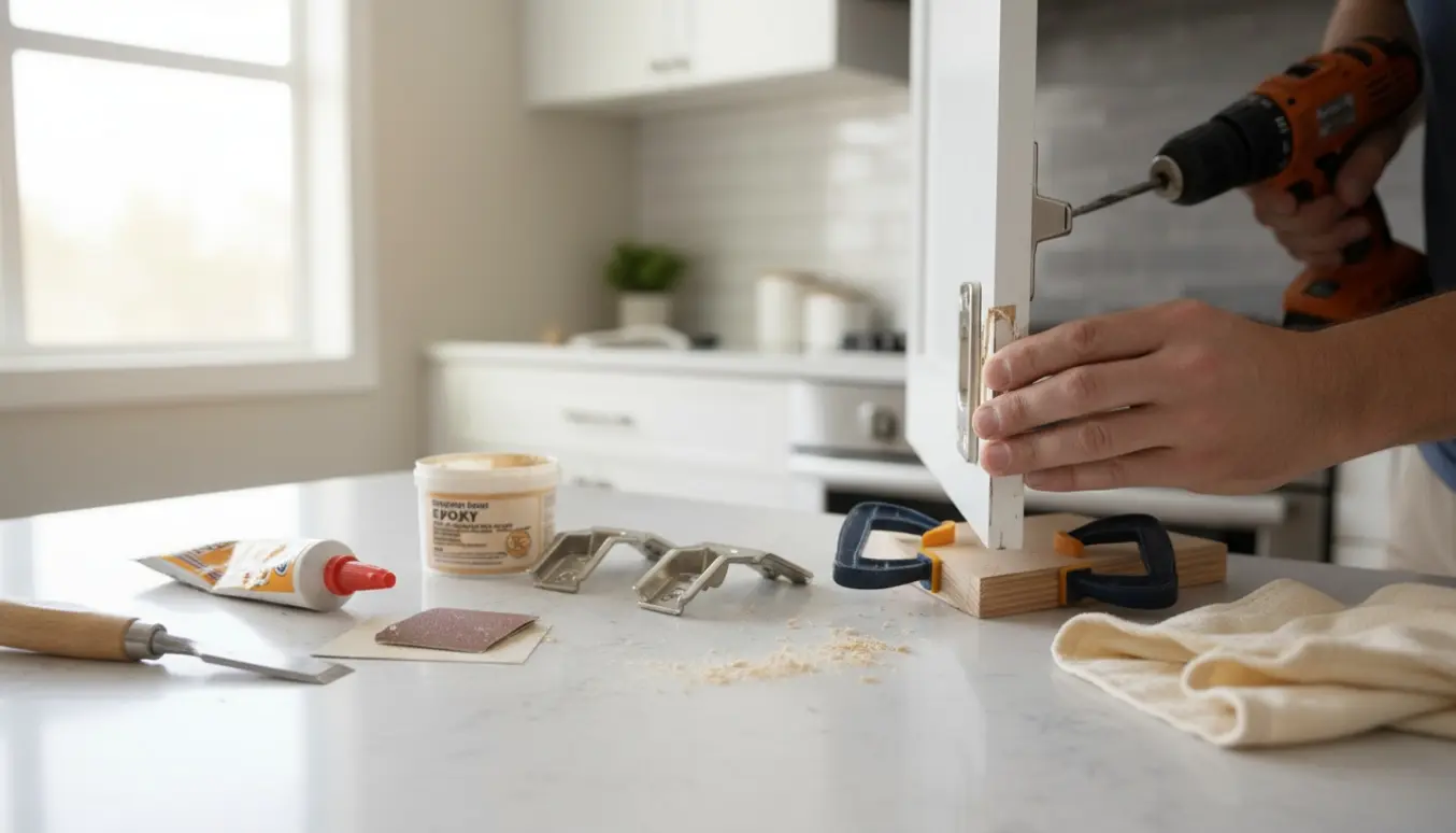 Nærbillede af en håndværkers hænder, der reparerer et hængslet køkkenskab med værktøj i et lyst køkken.