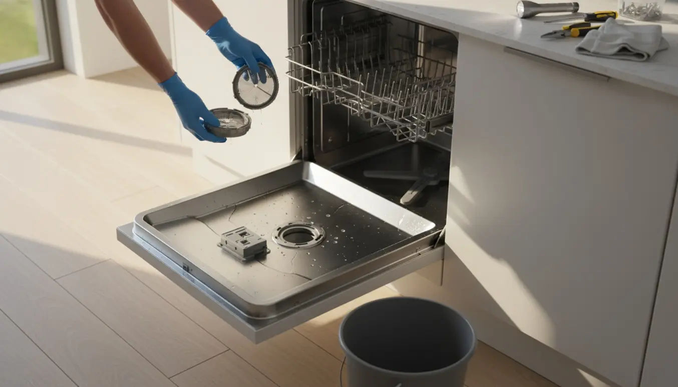 Åben opvaskemaskine med stående vand i bunden, filter holdes over en spand og værktøj ligger klar.