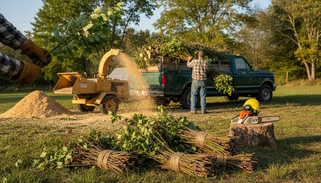 Stablede grene ved en skovkant med trailer og flishugger klar til bortkørsel.
