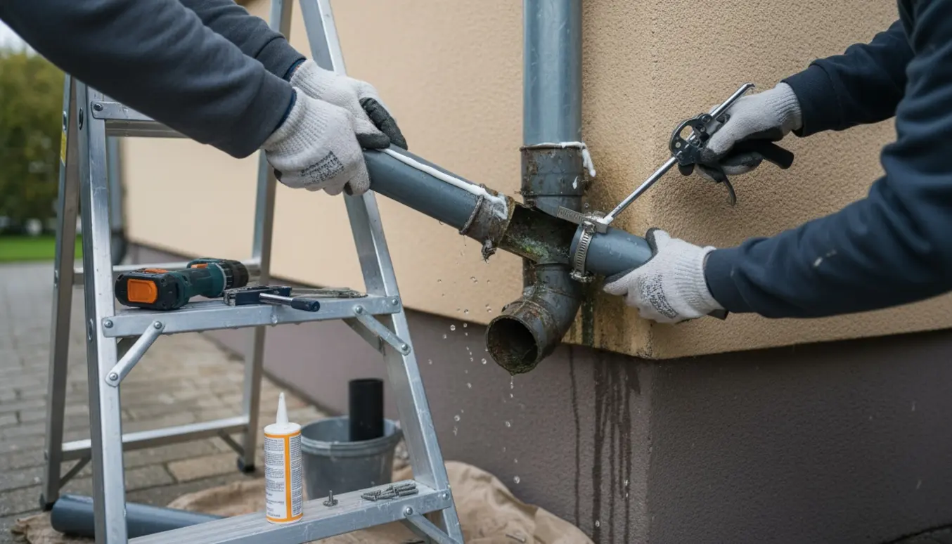 Hænder i handsker reparerer et utæt nedløbsrør fra en stige foran en våd husfacade med værktøj omkring.