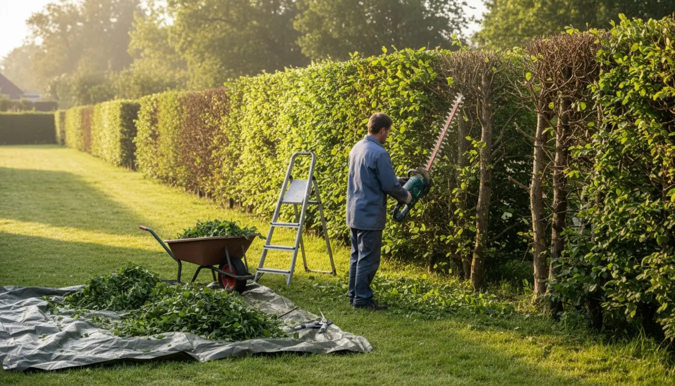 En lang bøgehæk er delvist trimmet, med en person bagfra der bruger en hækkeklipper og bunker af afklip på en tarp.