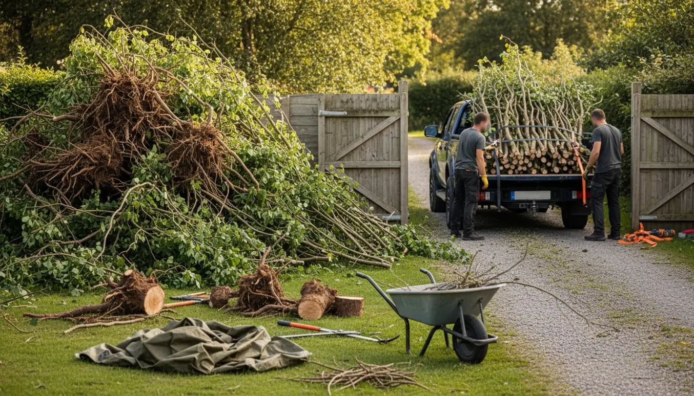Stor bunke af afklippede grene ved havelåge og en trailer klar til bortkørsel.