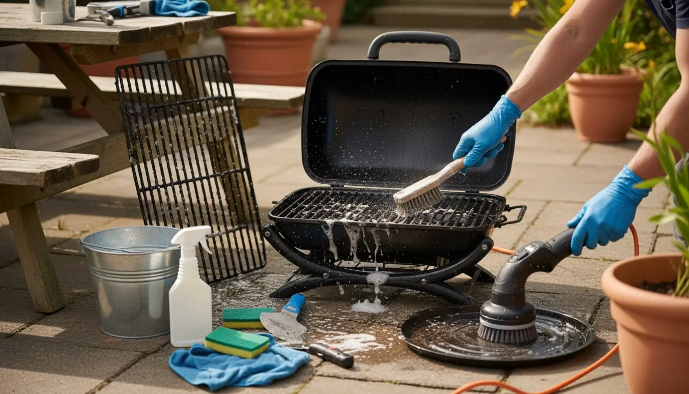 Hænder i gummihandsker rengør en lille gasgrill med børste og haveslange på en solrig terrasse.