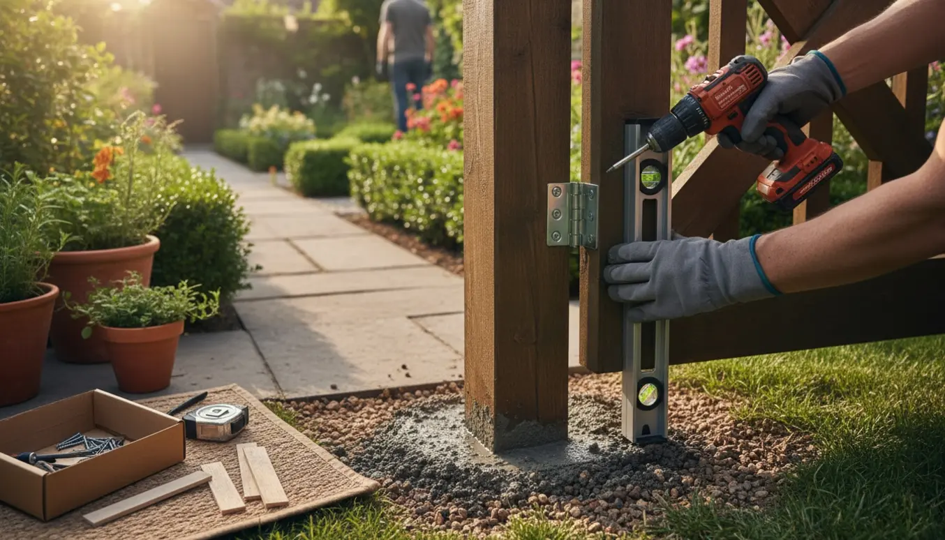Hænder monterer en træhavelåge ved indgangen til en lille have med værktøj og frisk støbt stolpe i fokus.