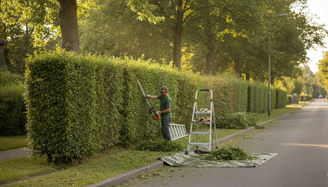 Person klipper en lang hæk langs vejen med hækkeklipper, hvor den ene side er nypudset og den anden stadig uklippet.