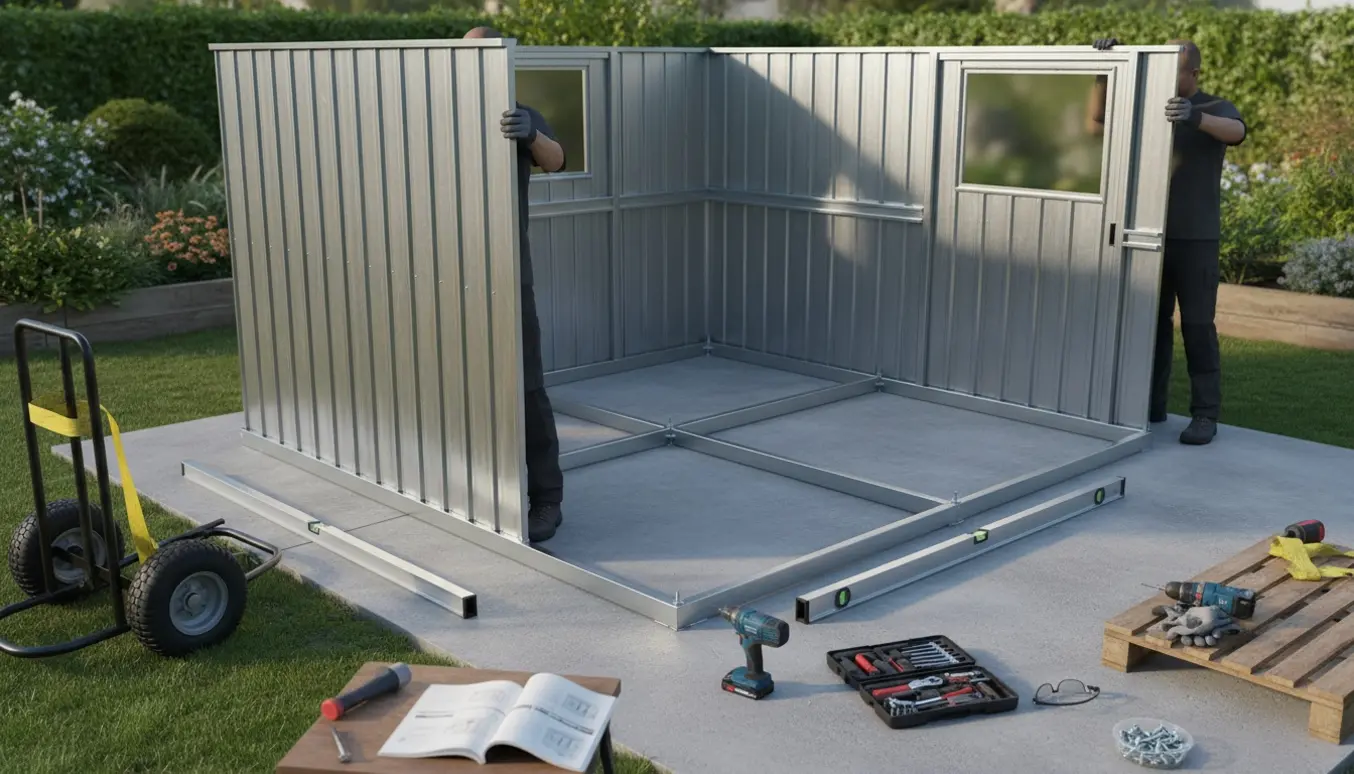 Delvist samlet metal haveskur på betonbund med værktøj og to personer, der monterer paneler.