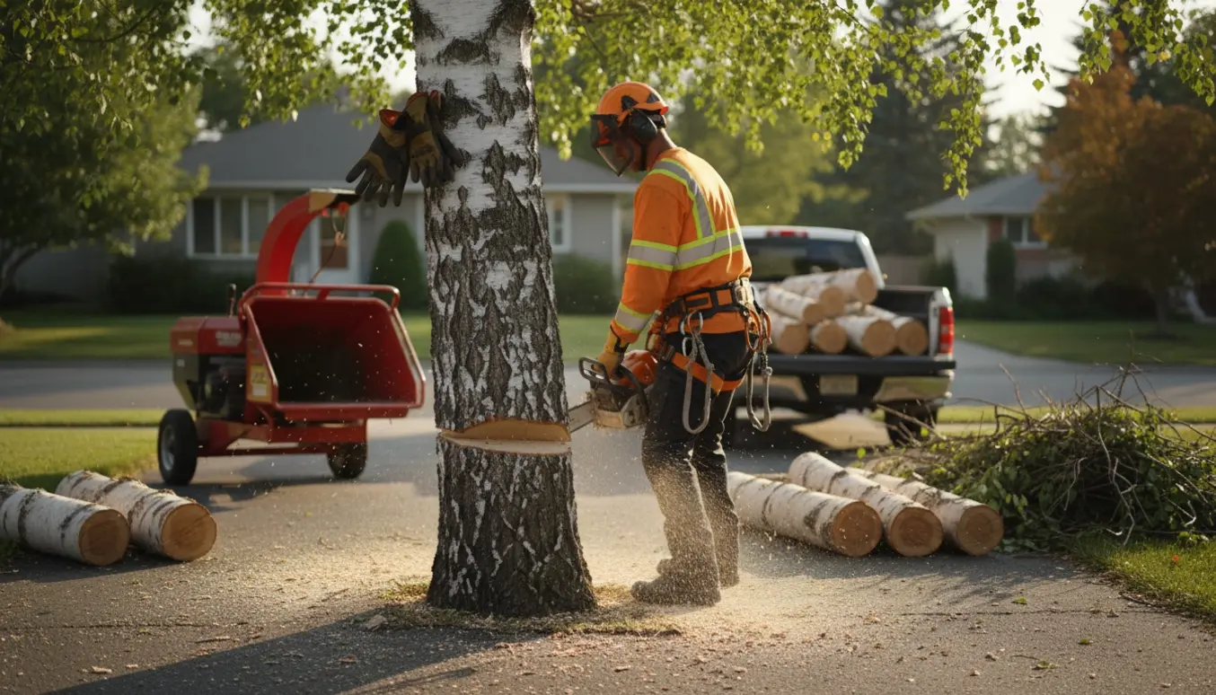 Fældning af et birketræ i en indkørsel med kædesav, brændestakke og træflis.