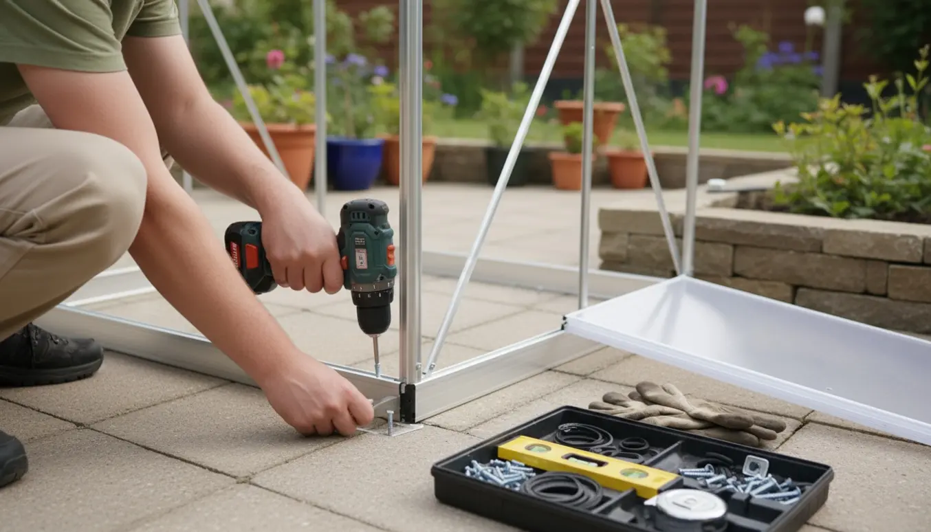 To personer monterer et drivhus på et stenfundament med værktøj og polycarbonatplader.