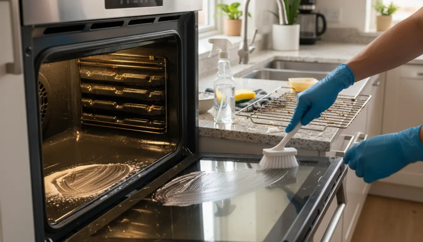 Handskerede hænder skrubber en ovns indre med børste og bagepulverpasta, mens riste ligger på køkkenbordet.