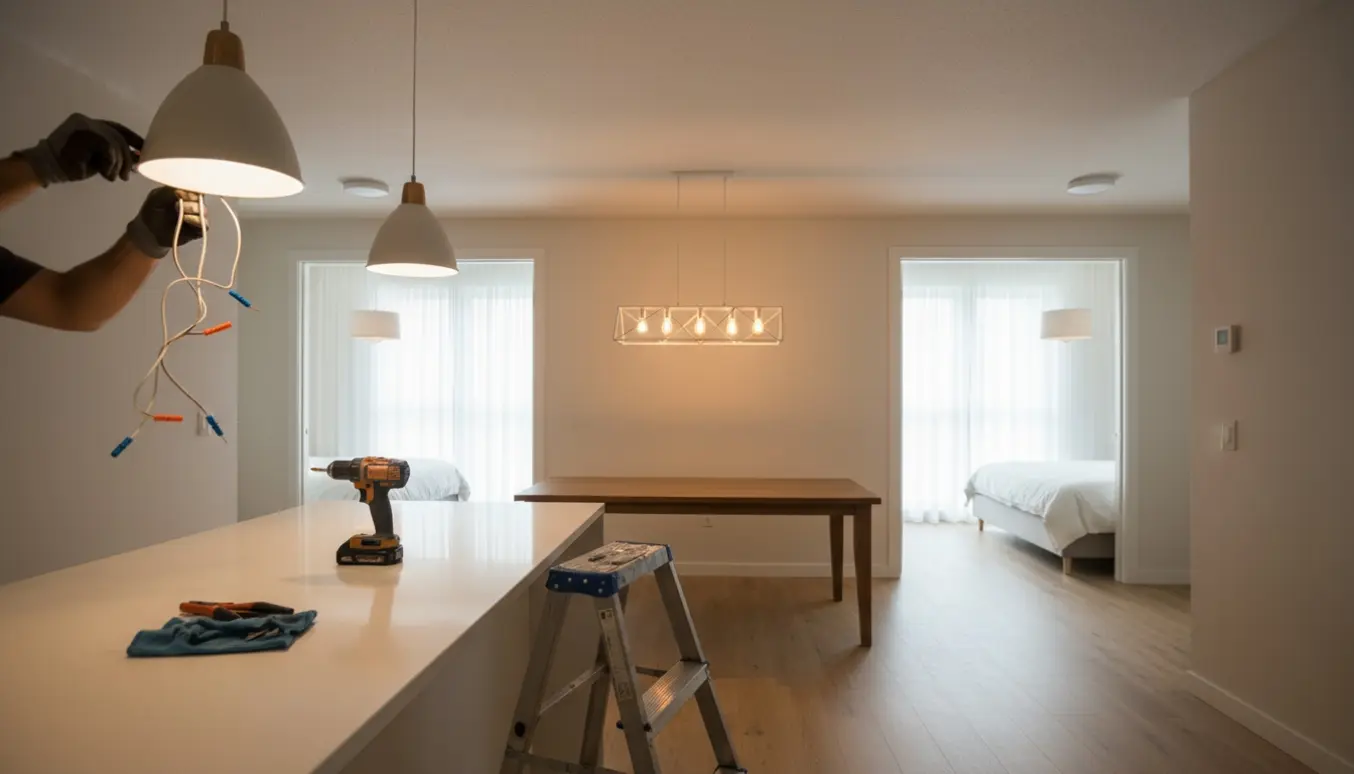Håndværker på stige monterer en loftslampe i et moderne hjem med tre andre installerede loftslamper synlige.