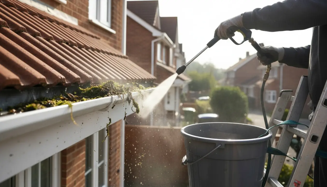 Tagrender på et toplans rækkehus renses for mos og blade med stige, rive og spuleslange.