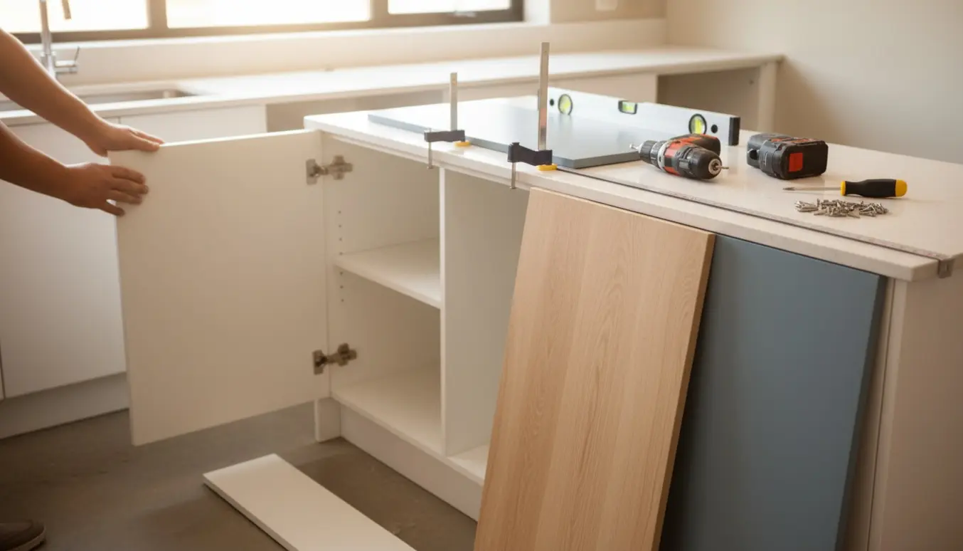 Arbejdshænder monterer nye specialfremstillede køkkenlåger og sidebeklædninger i et moderne køkken.