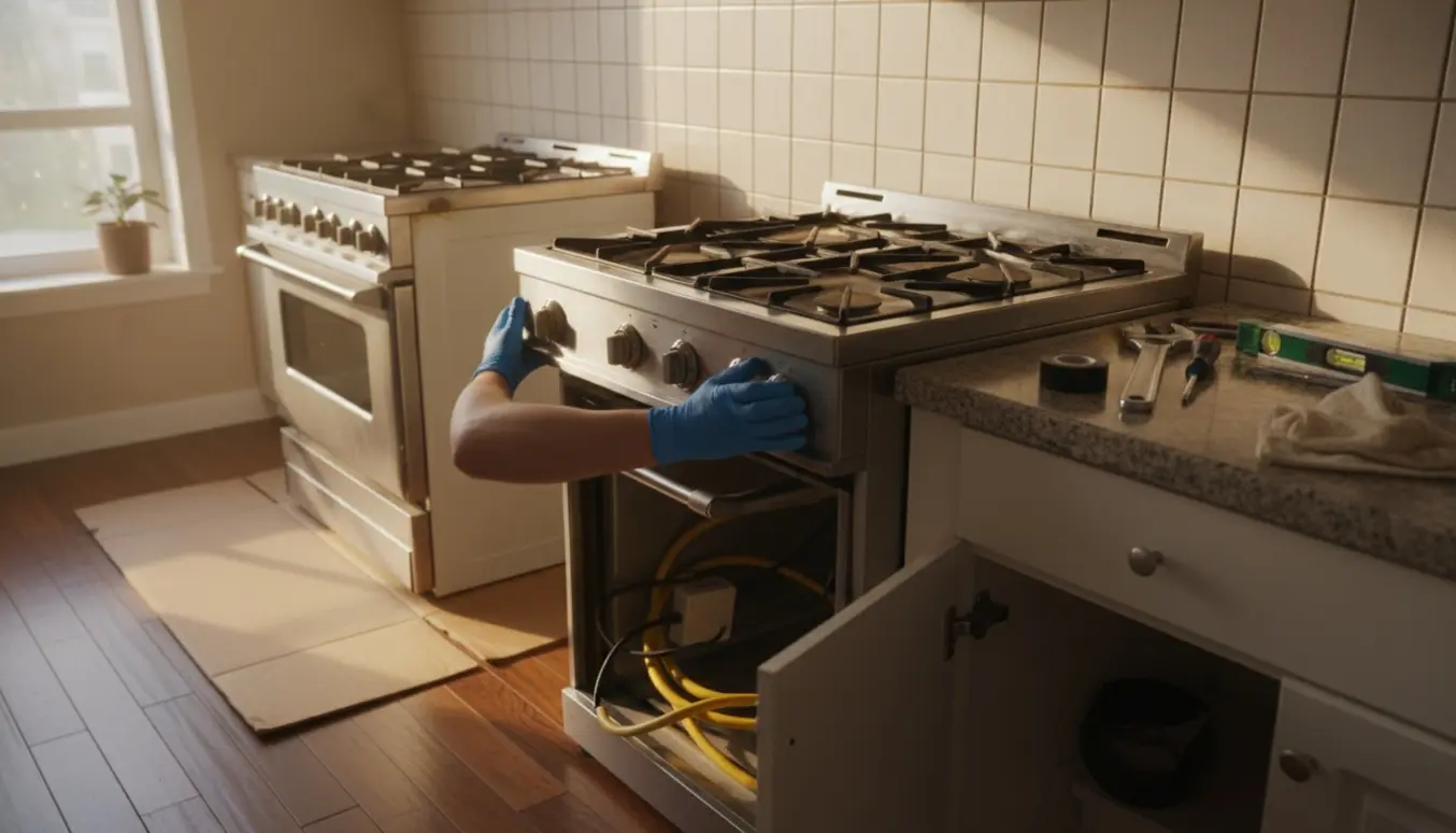 Et brugt komfur monteres i et lyst køkken, håndværkerens hænder og værktøj i fokus.