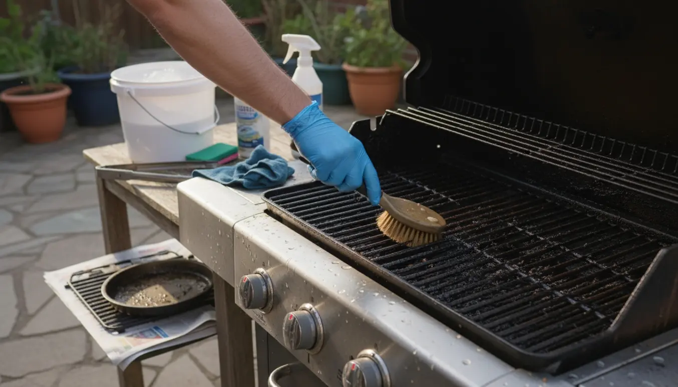 Hænder i handsker skrubber en slidt gasgrill med en grillbørste på en solrig terrasse.