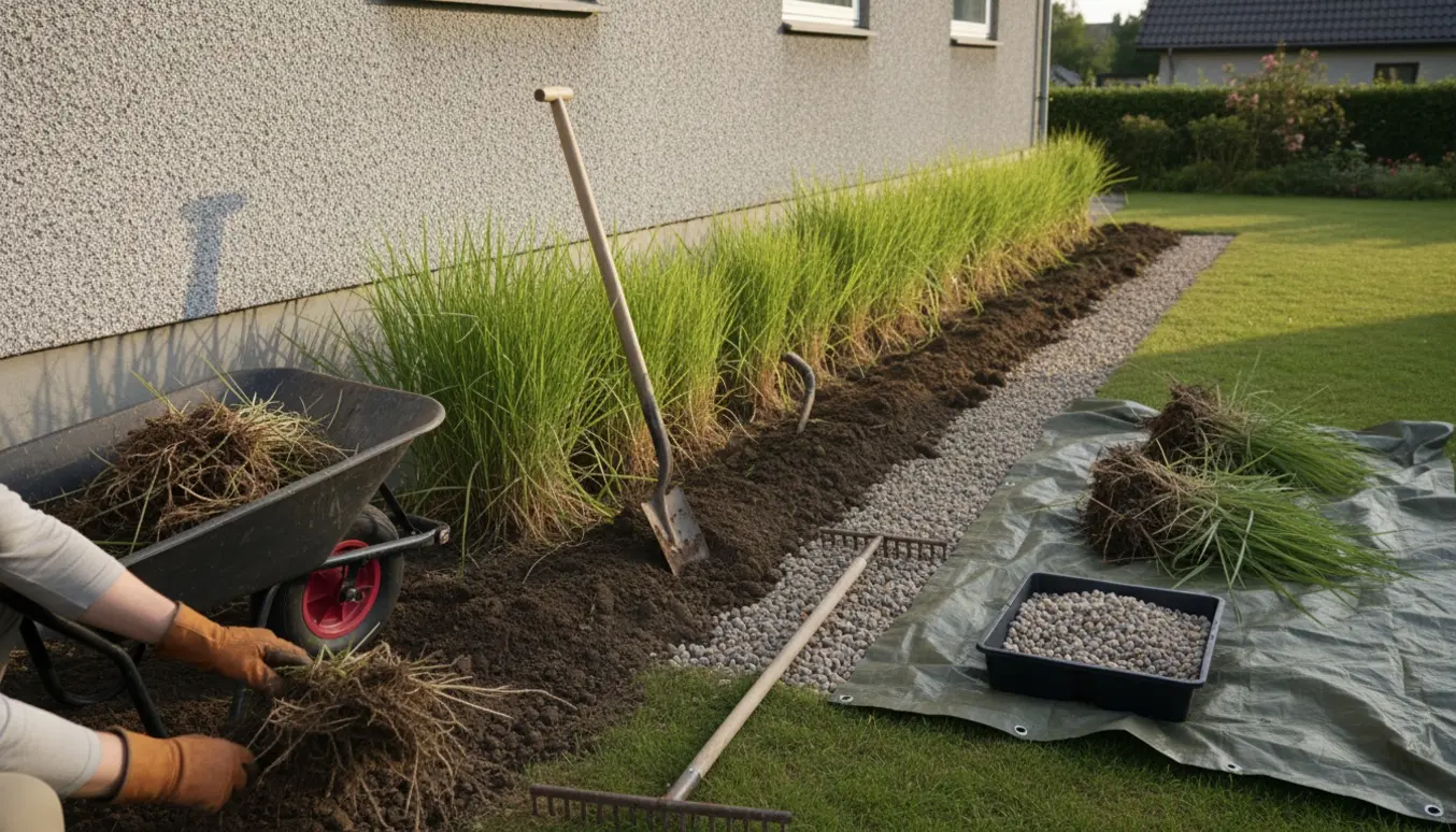 Langt bed langs husgavl med opgravet elefantgræs, redskaber og bunke perlesten klar til at blive lagt.