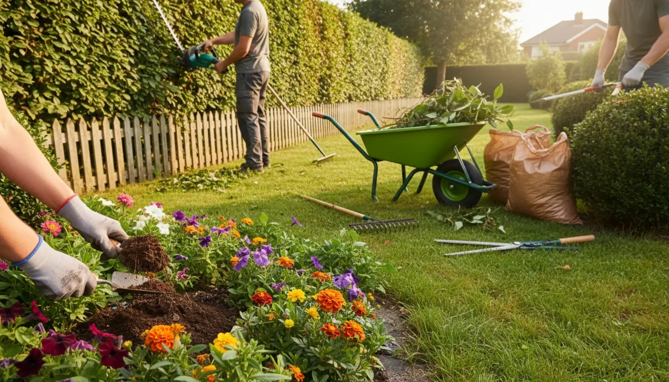 Hækkeklipning, beskæring af buske og lugning af bede med trillebør og bunker af haveaffald i en solrig villahave.