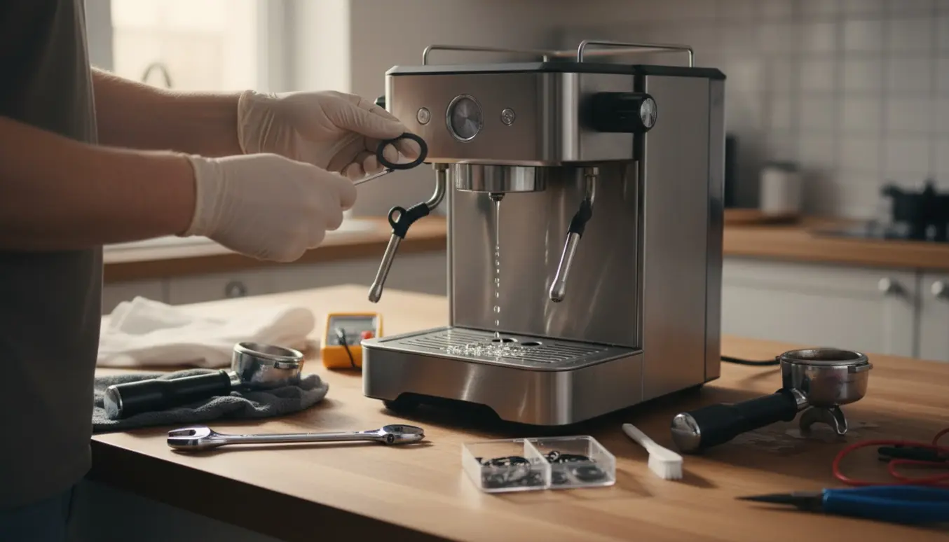 Nærbillede af reparation af en rustfri espressomaskine med lækage og værktøj på et arbejdsbord.