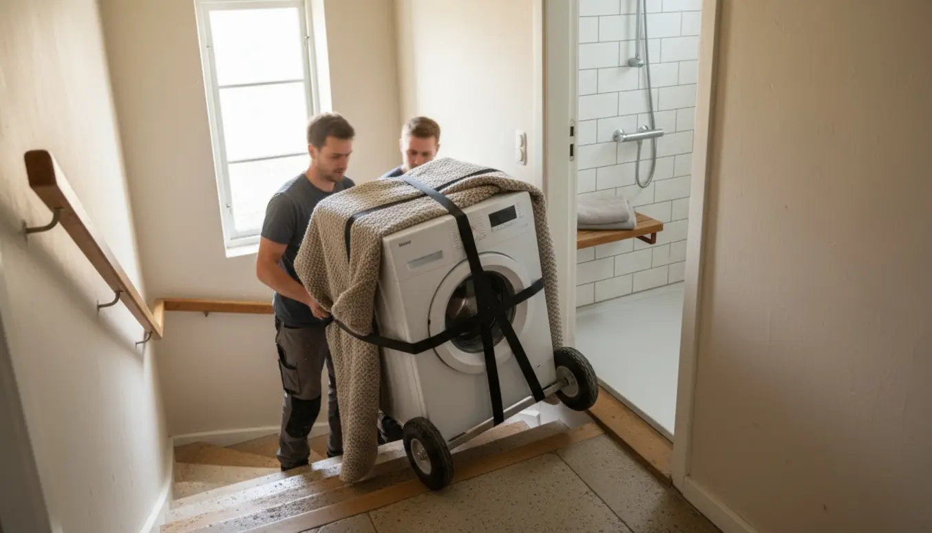 To flyttefolk trækker en vaskemaskine op ad en lys trappe mod et flisebadeværelse på en øvre etage.