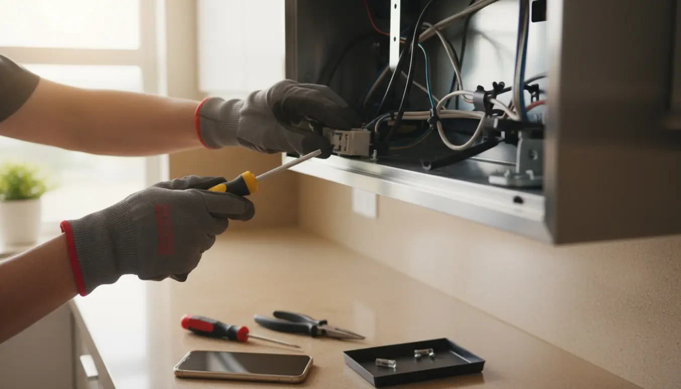 Handskerklædte hænder udskifter en sikringsholder i undersiden af en køkkenemhætte med værktøj ved siden af.