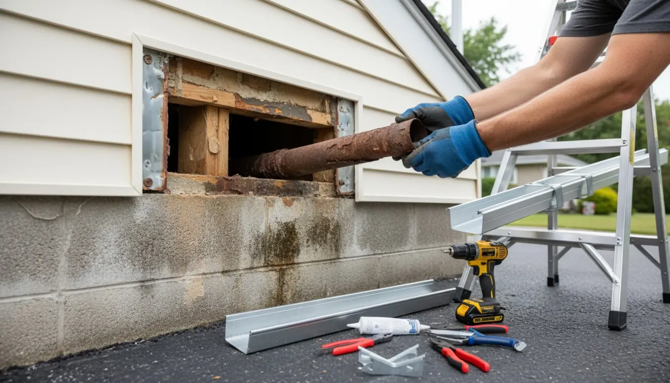 Håndværker inspicerer et indbygget nedløbsrør ved tagrenden med værktøj og en ny åben tagrende klar til montering.