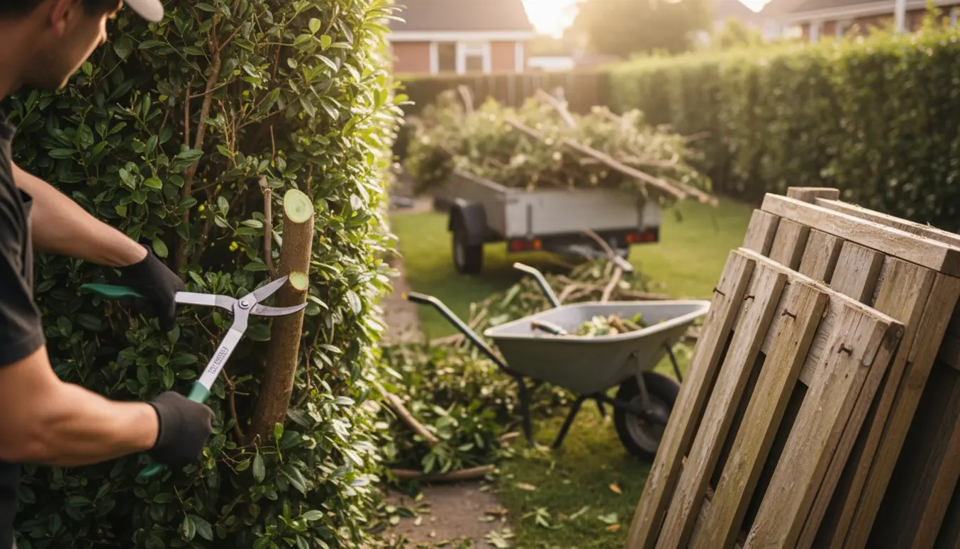 Beskæring af buske og hæk med afskårne grene og trailer fyldt med haveaffald klar til bortkørsel.