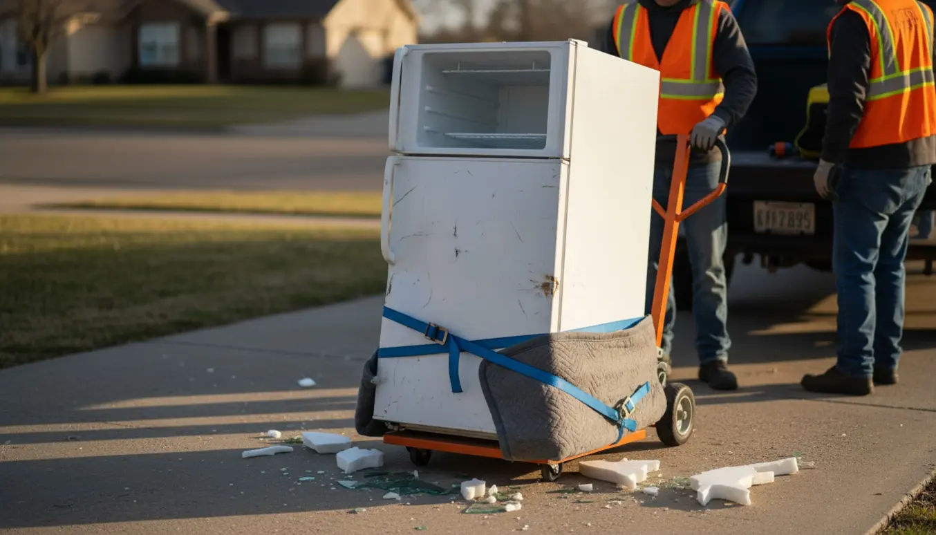 Et defekt køleskab på en flyttevogn på indkørslen, klar til bortskaffelse med arbejdshandsker og en åben lastbil i baggrunden.