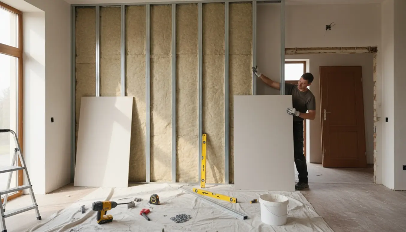 Nærbillede af opsætning af gips skillevæg med isolering og en branddør klar til montering.