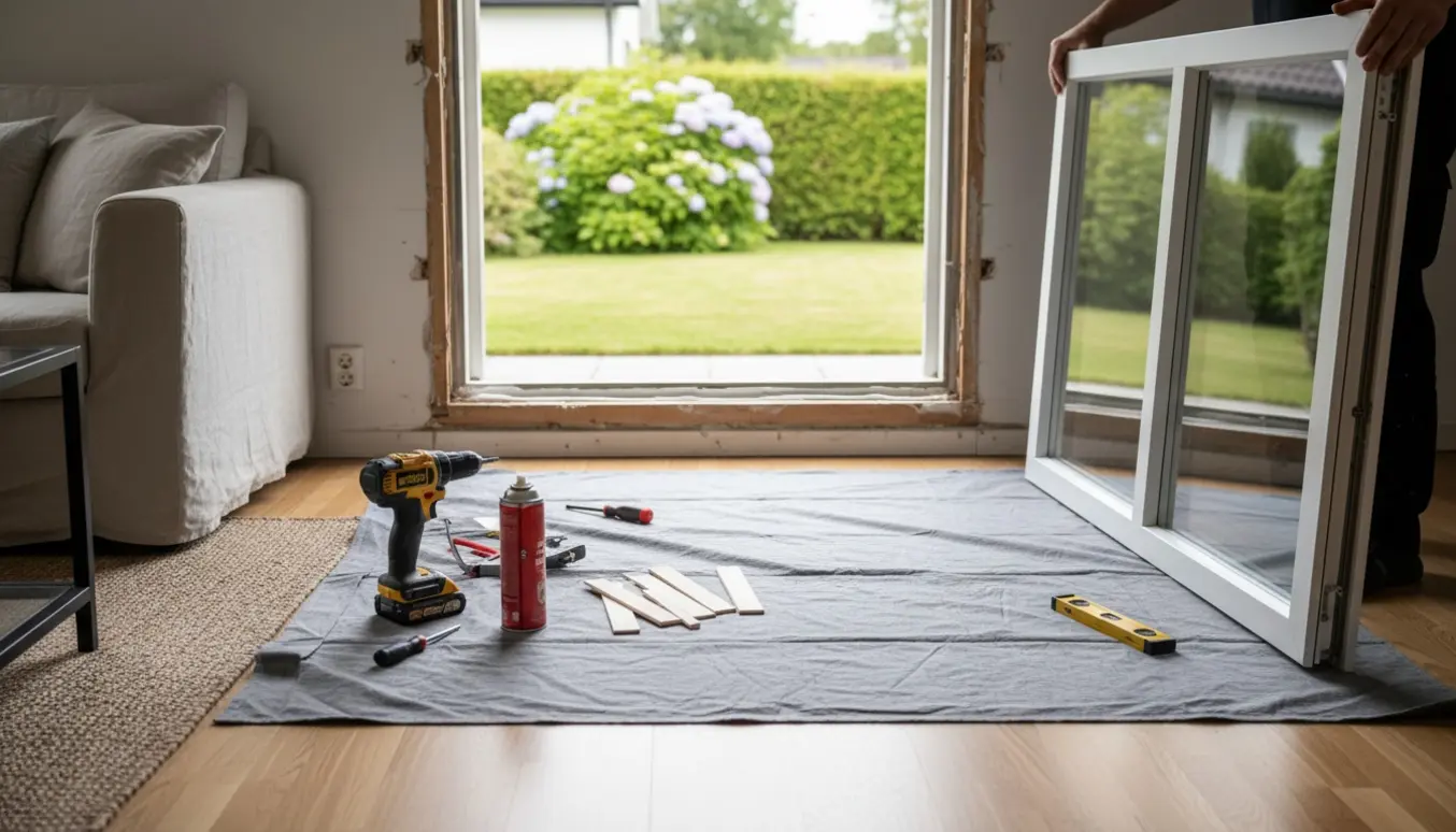 Håndværker i stueplan monterer et nyt vindue i et skandinavisk hjem med værktøj og beskyttelsesdug.
