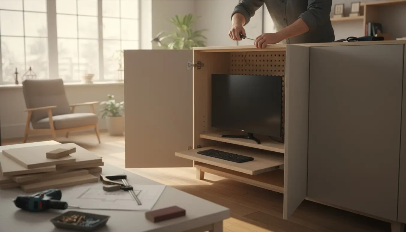 Lyst, bredt skab åbent for at skjule en computerskærm med værktøj og hænder, der justerer hængslet.