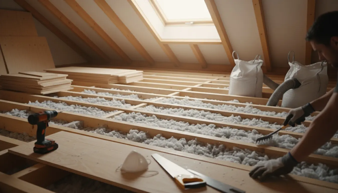 Loft under renovering med nye spær, papiruldsisolering og stakke af undergulvsplader.