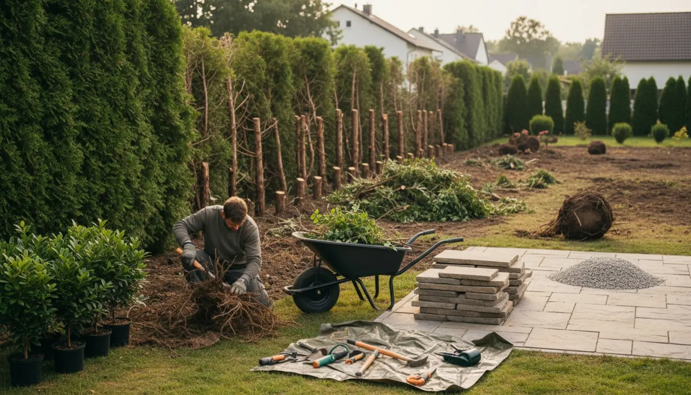 Rydning af en thuja-hæk og rhododendronbed med haveredskaber, nye kirsebærlaurbærplanter og stenterrasse-materialer.
