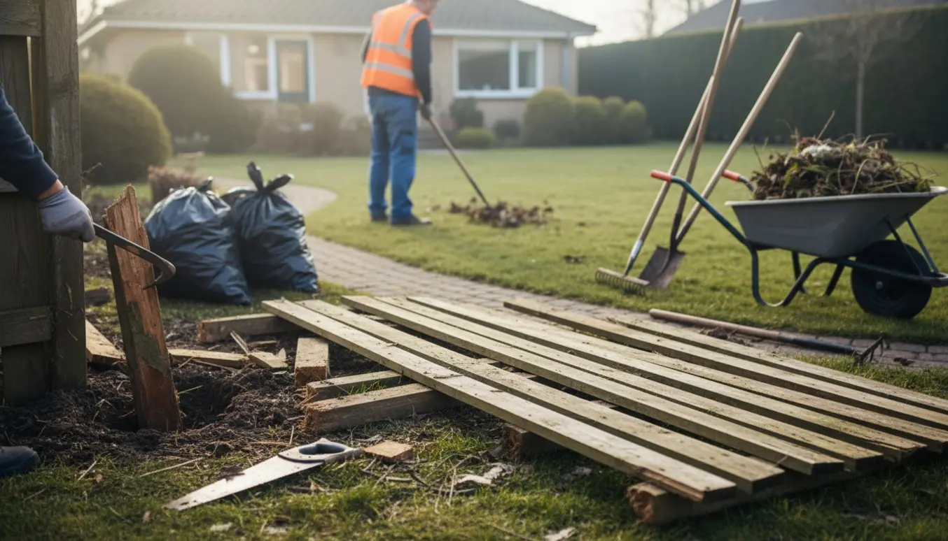 Væltet træhegn tages ned og brædder samles i en trillebør, mens havearbejde forbereder en forårsklar villahave.