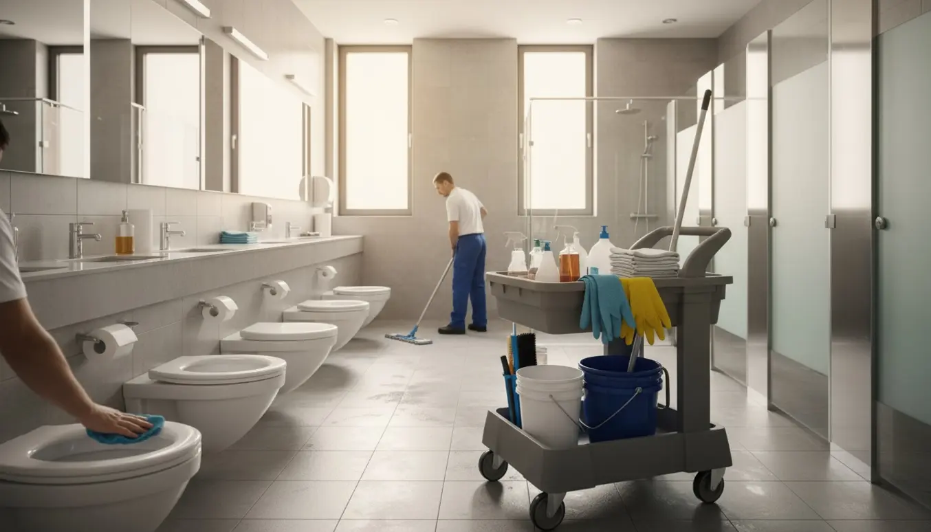 Rengøringspersoner gør et stort badeværelse klart til gæster med moppe og rengøringsvogn.