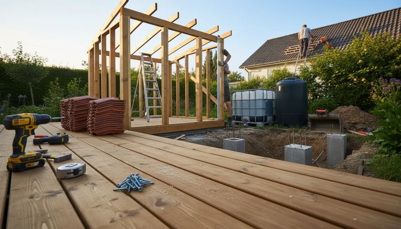 Nyudvidet træterrasse under opbygning med tømrerredskaber, skur i konstruktion og en vandtank ved en graveplads.